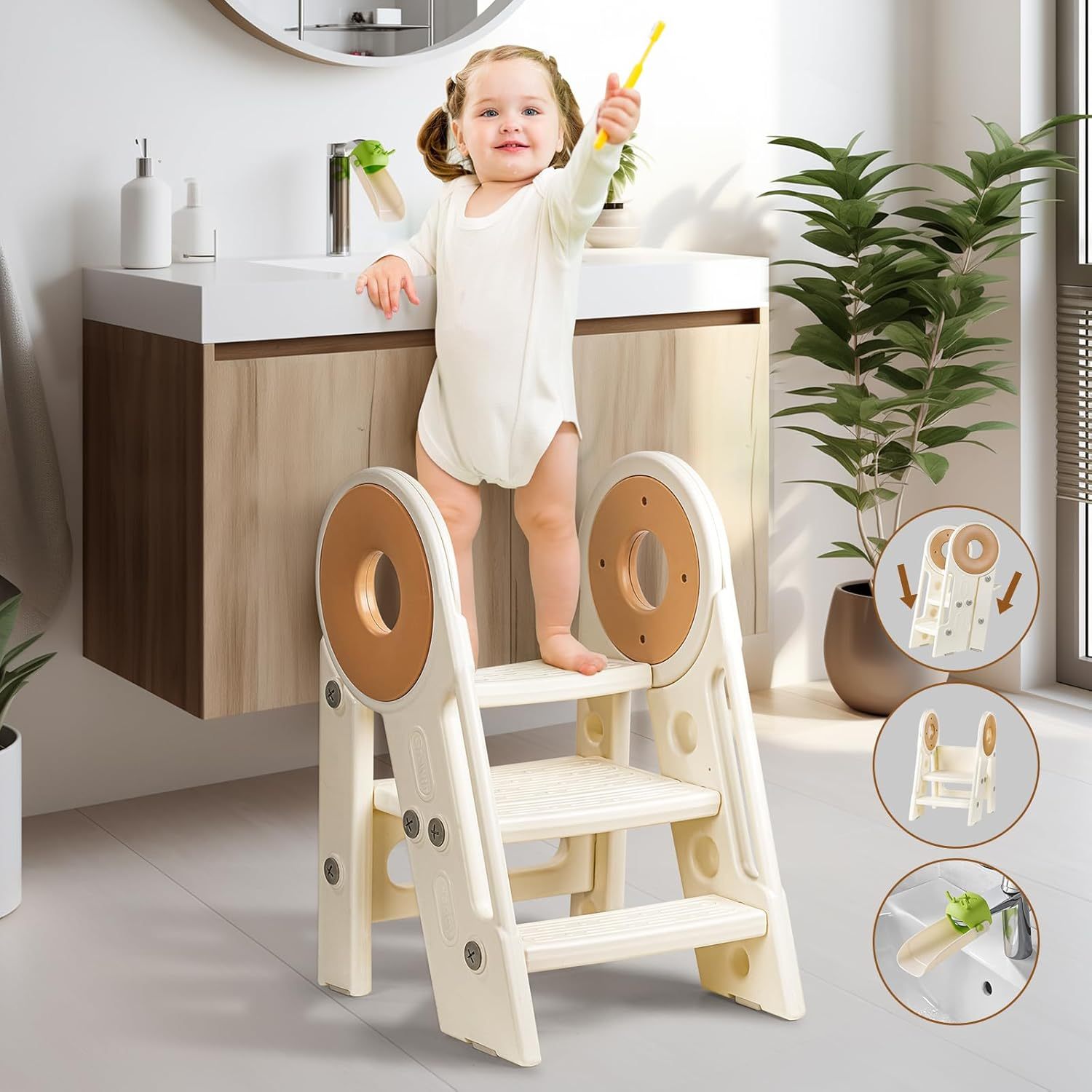 Toddler Step Stool, 2-3 Step Foldable Kids Step Stool for Bathroom Sink, Non-Slip Toddler Stool Helper, Potty Training Toilet, Kids Stool Helper, Ages 18 Months to 3 Years