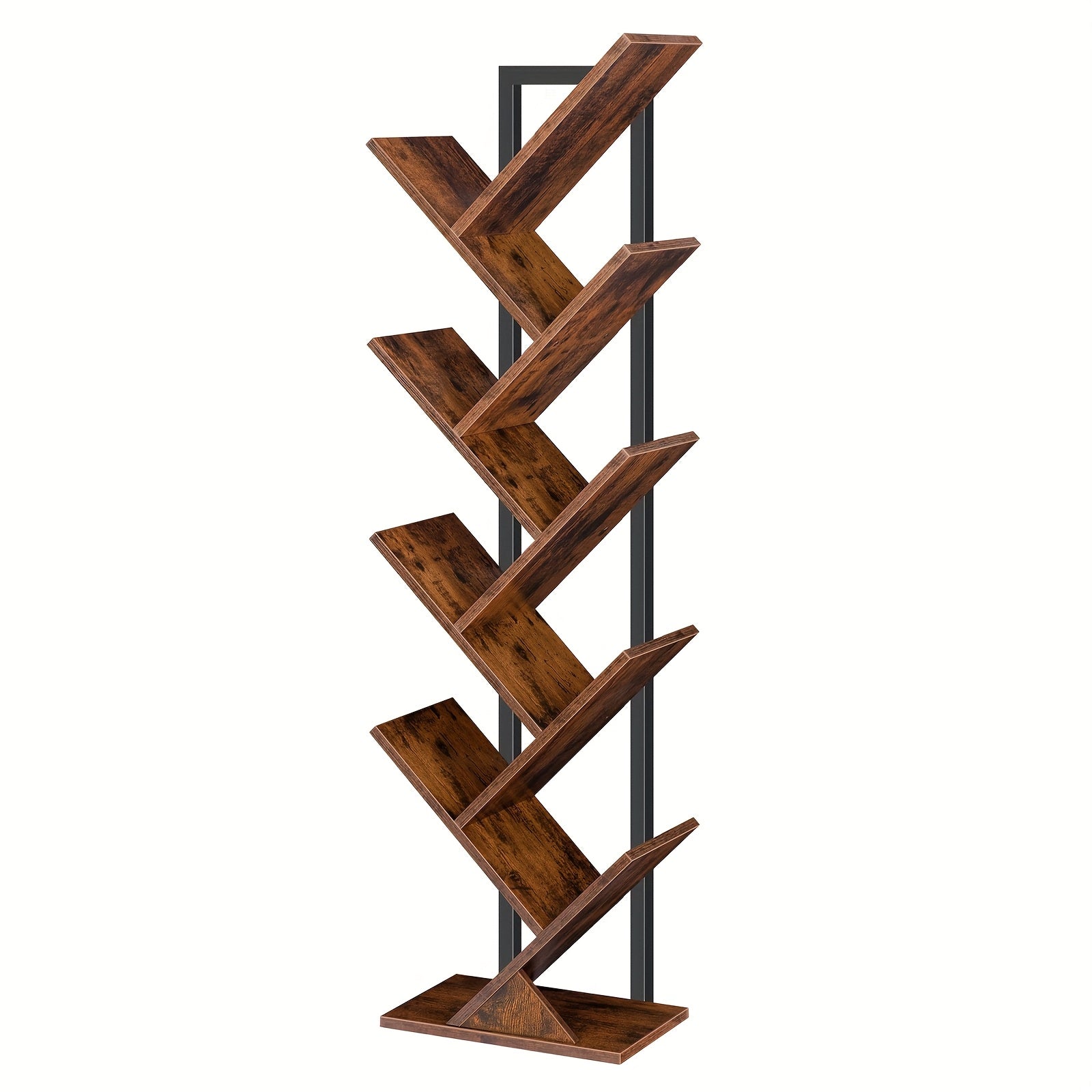 Tree Bookshelf, 9 Shelf Tree Bookcase, Space Saving Storage Rack for CDs/Movies/Books, Book Tree Organizer Shelves for Living Room, Bedroom, Office, Rustic Brown