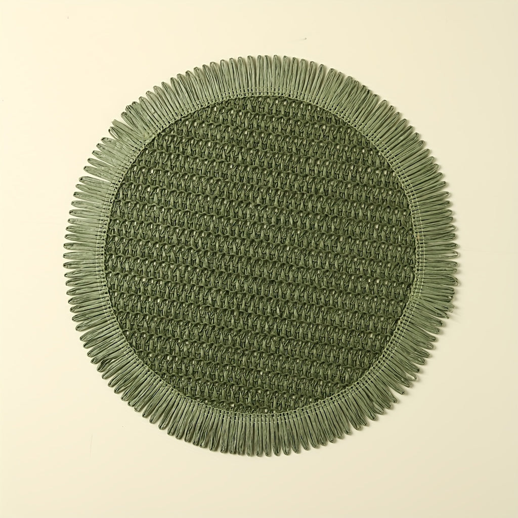 4/6pcs Bohemian Farmhouse Round Placemats with Tassels - Green Linen Grid Pattern Table Mats for Weddings, Parties, Home Decor & Tea Cup Protection, Farmhouse Table Mats, Wedding Tableware, Rustic Table Setting, Textured Tableware
