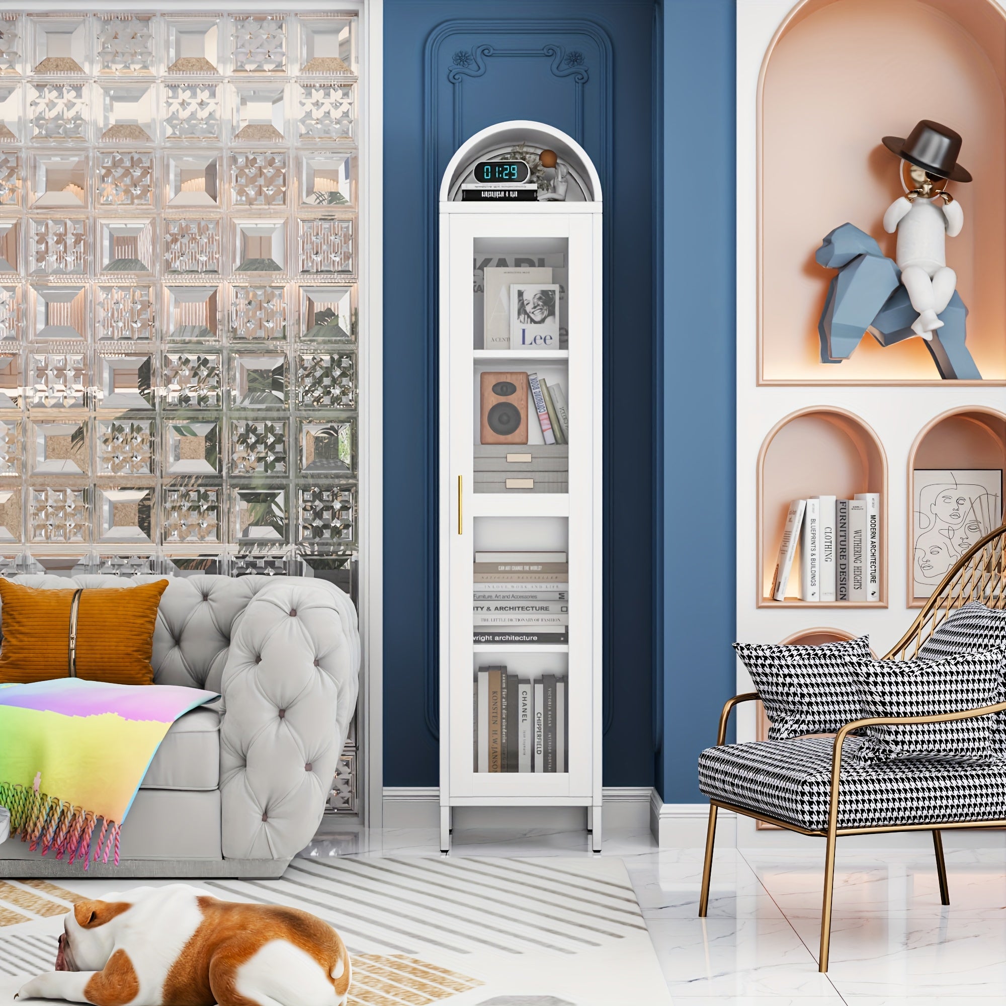 Modern Freestanding Arched Display Cabinet, Arch Bookcase With 1 Glass Door/Shelves, Kitchen Pantry For Dining Room, Home, Office, Kitchen, Assembly Required (White)