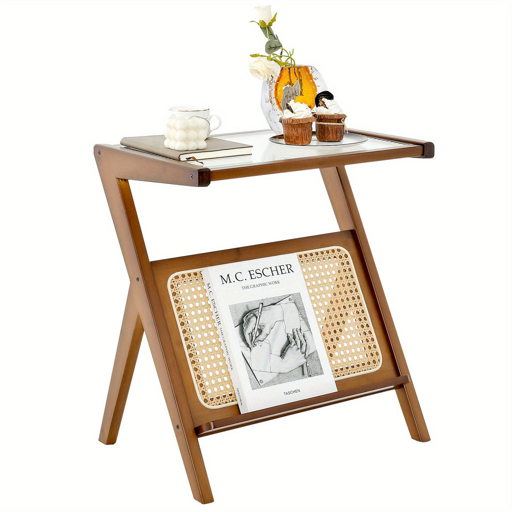 Rattan Side Table Bamboo Accent Bedside Table w/Tempered Glass Top Walnut, 1 Piece