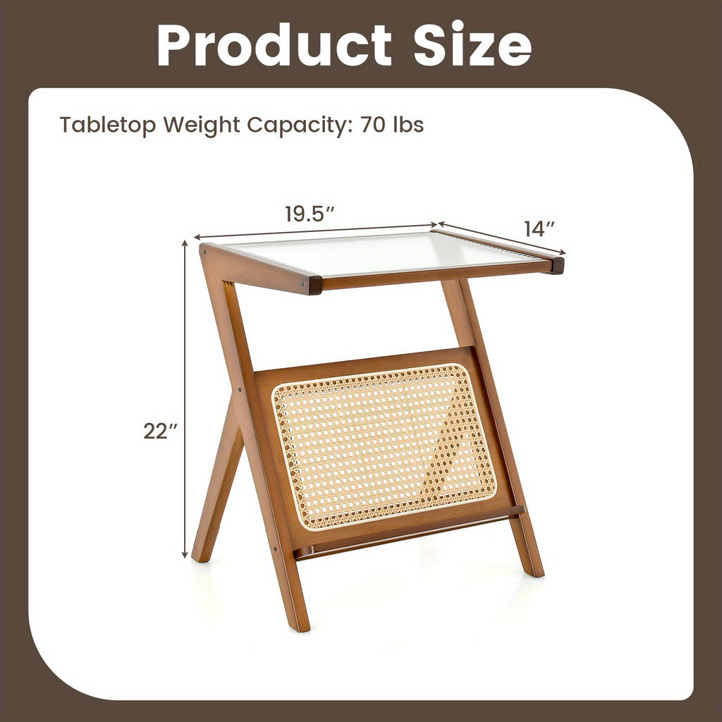 Rattan Side Table Bamboo Accent Bedside Table w/Tempered Glass Top Walnut, 1 Piece