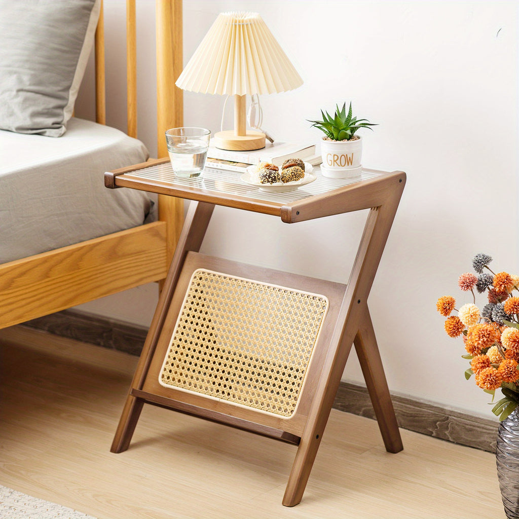 Rattan Side Table Bamboo Accent Bedside Table w/Tempered Glass Top Walnut, 1 Piece