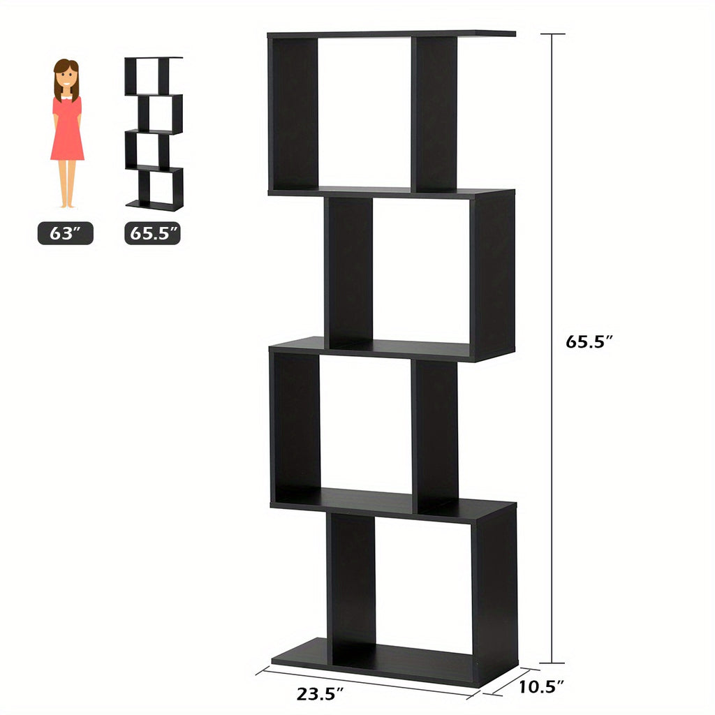 4-tier S-Shaped Bookcase Free Standing Storage Rack Wooden Display Decor Black