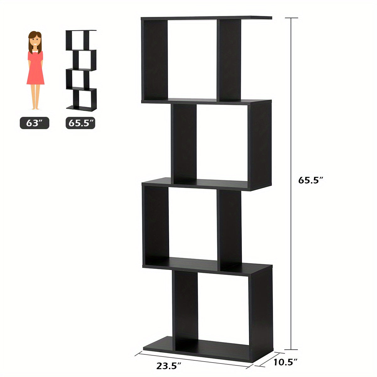 4-tier S-Shaped Bookcase Free Standing Storage Rack Wooden Display Decor Black