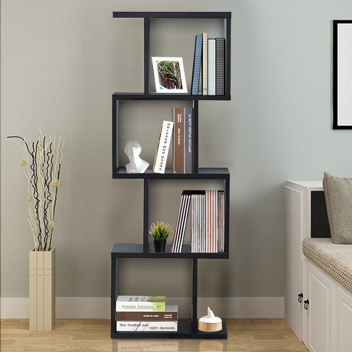 4-tier S-Shaped Bookcase Free Standing Storage Rack Wooden Display Decor Black