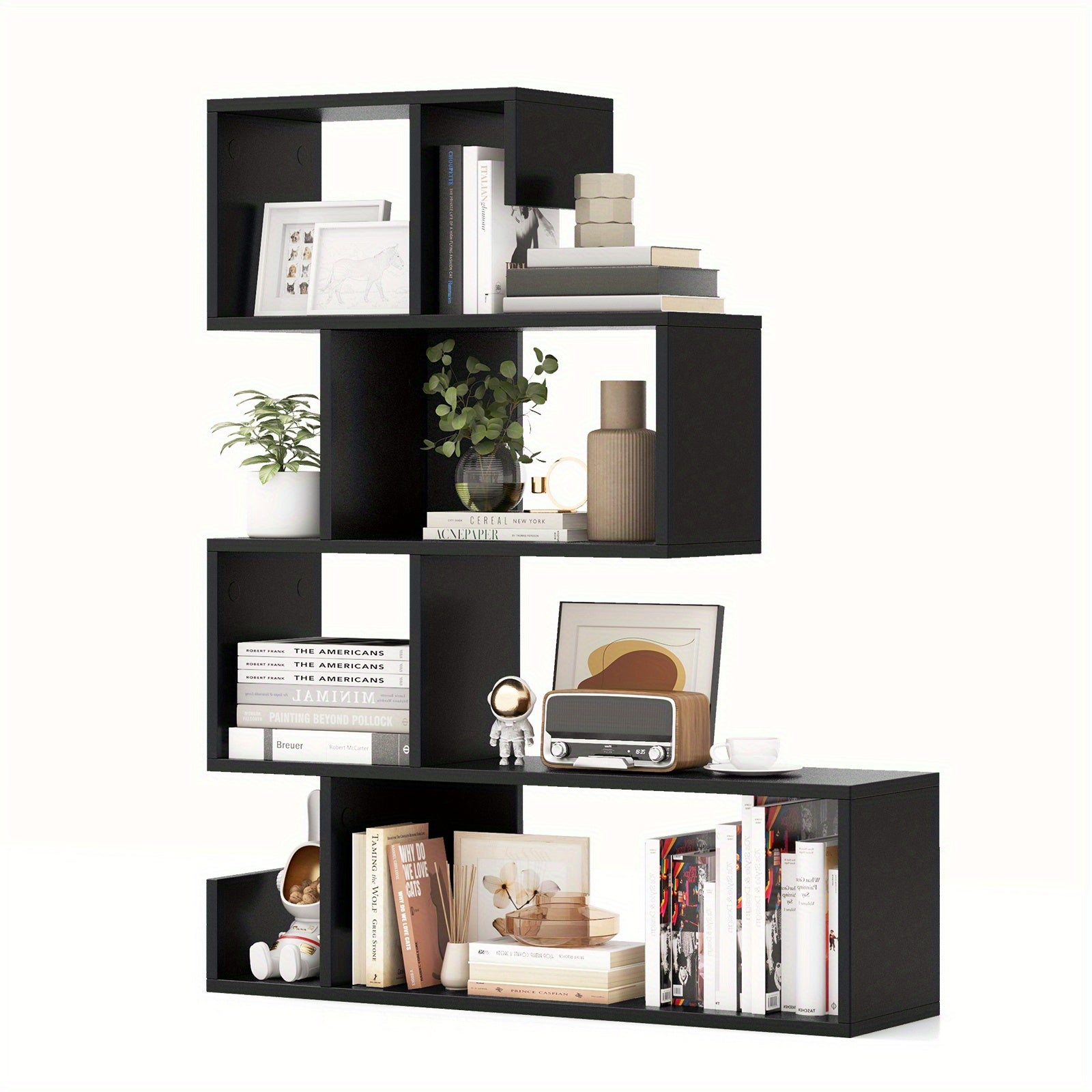 5-Tier S-Shaped Bookshelf w/ Open Cubes Anti-Toppling Kits Freestanding Bookcase