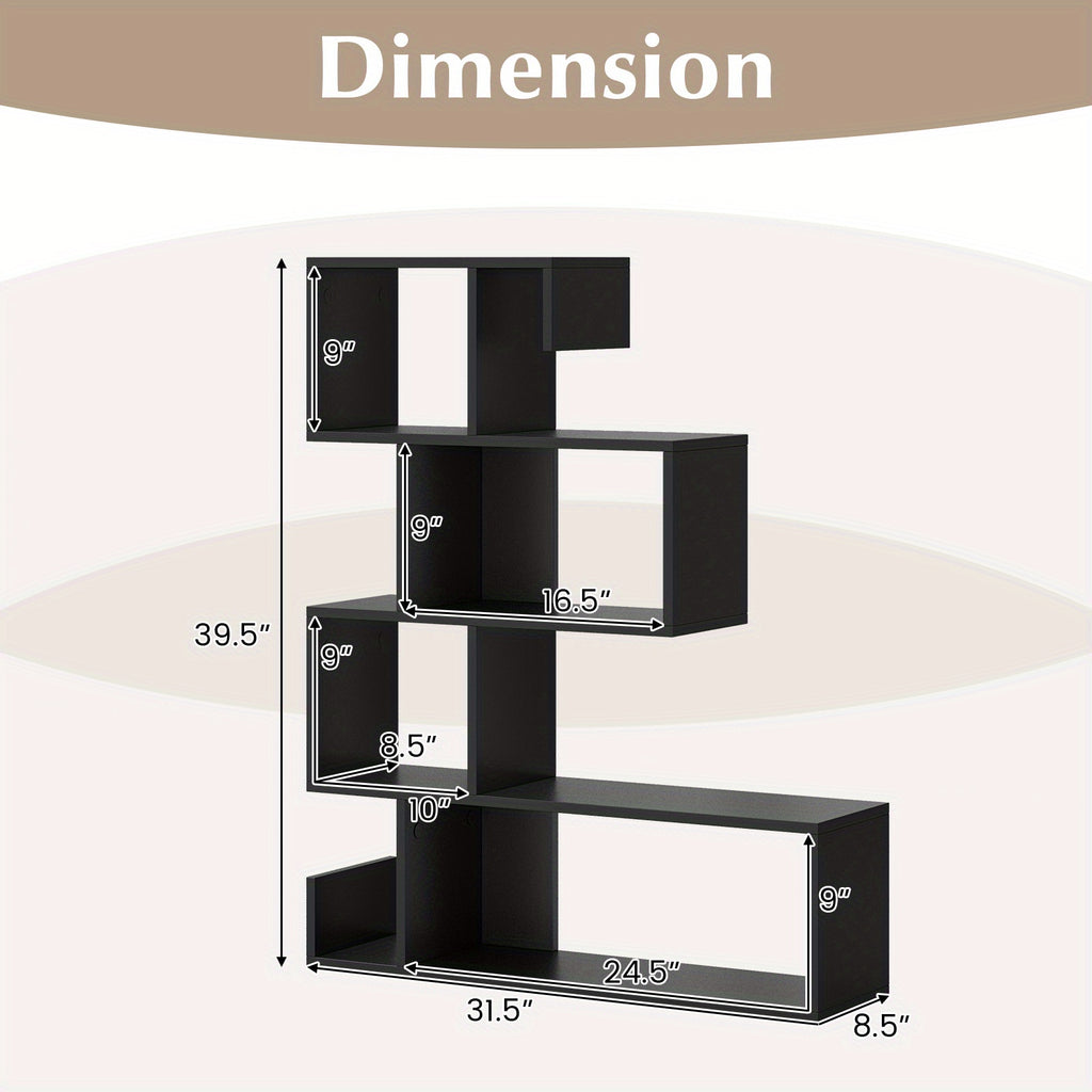 5-Tier S-Shaped Bookshelf w/ Open Cubes Anti-Toppling Kits Freestanding Bookcase