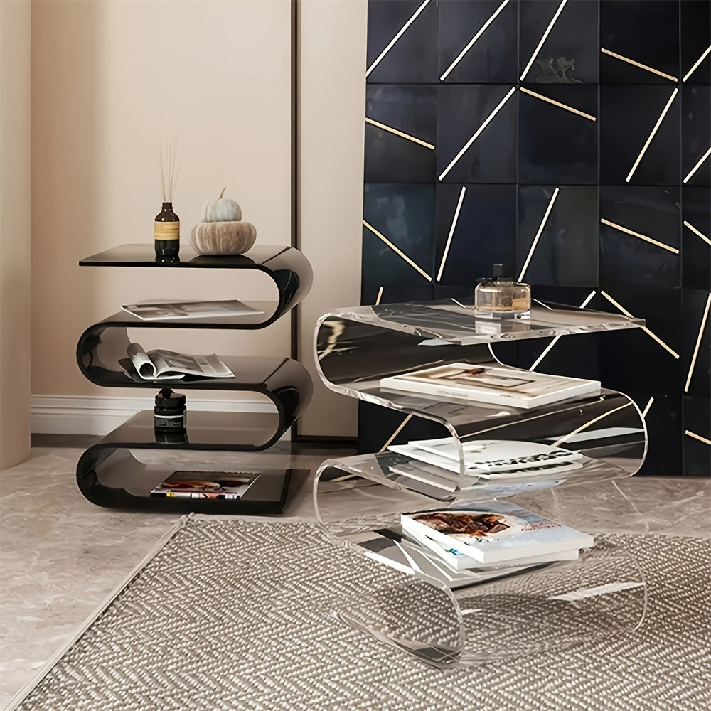 Contemporary Minimalist Acrylic 2-Tier Transparent Side Table & Bookshelf - Portable Freestanding Floor Storage Rack, No Assembly Required, Compact Modern Furniture for Living Room, Bedroom, Office