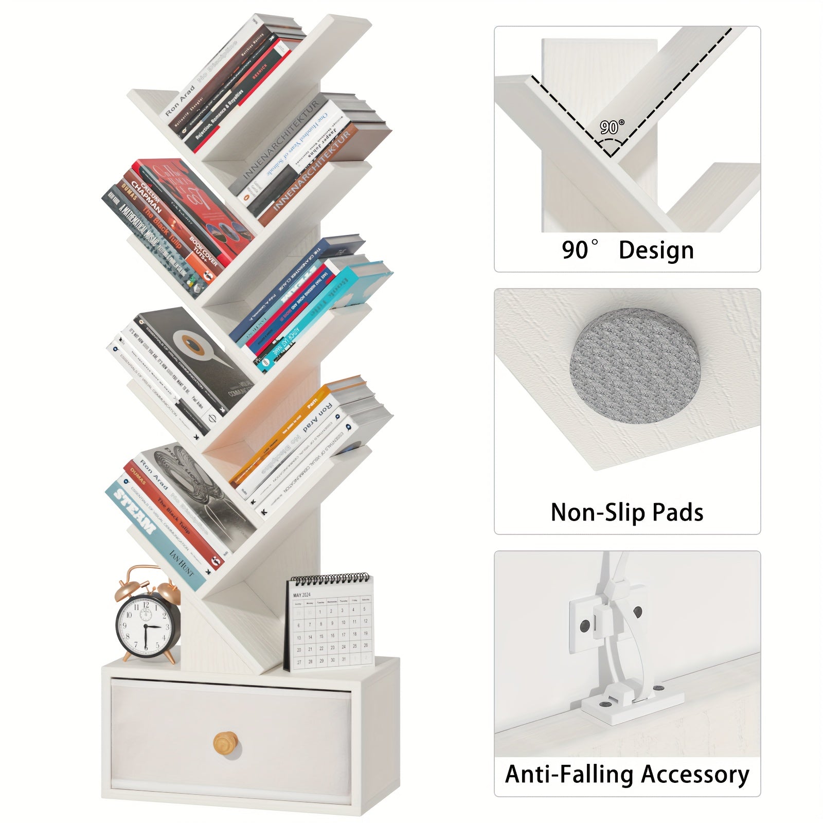 8 Tier Tree Bookshelf With Drawer, Free Standing Wood Bookcase For Living Room, Bedroom, Home Office, Space Saving Storage Organizer Bookshelves For Books, CDs, Vinyl Records-white