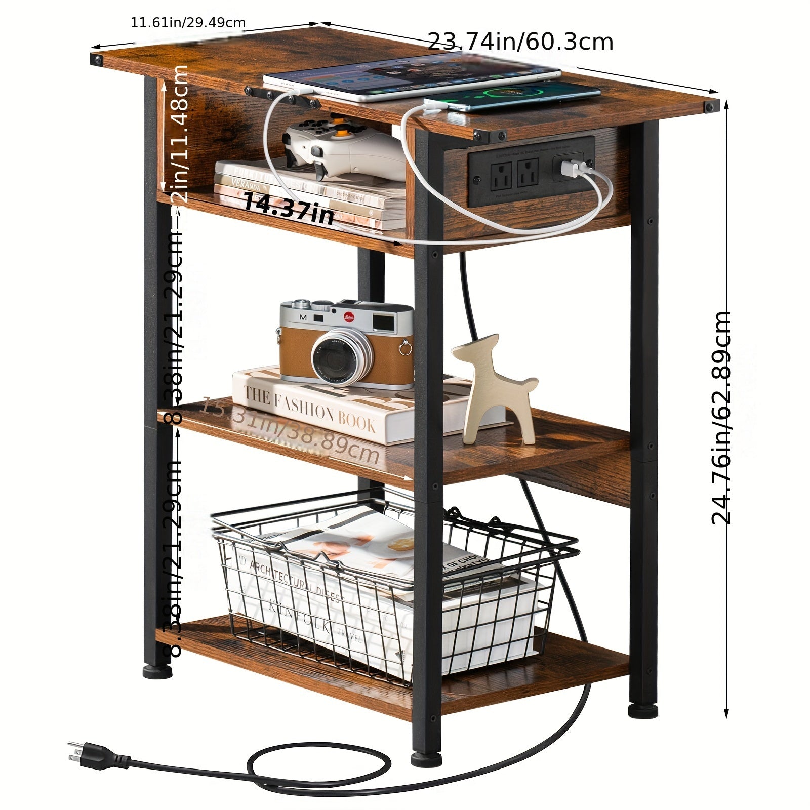 Side Tables With Charging Station, Narrow End Table With USB Ports And Outlets, Brown Skinny Nightstand With Open Storage Shelf For Small Space, Slim Sofa Bedside Table For Living Room Bedroom
