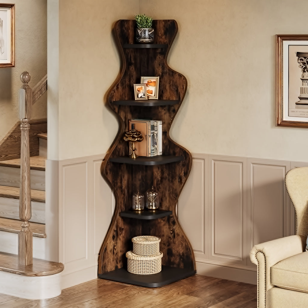 69" Wood Bookshelf, 5-Tier Corner Shelf Storage Plant Stand