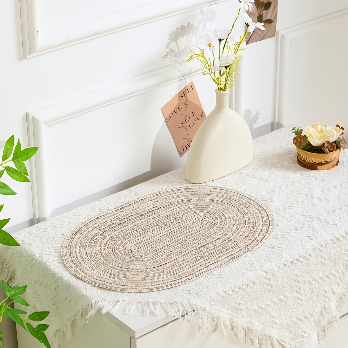 4/6pcs Oval Yarn Placemats, Washable Table Mats, Polyester 100.00, Hand-Woven Dining Decor, 100% Polyester Tabletop Pads