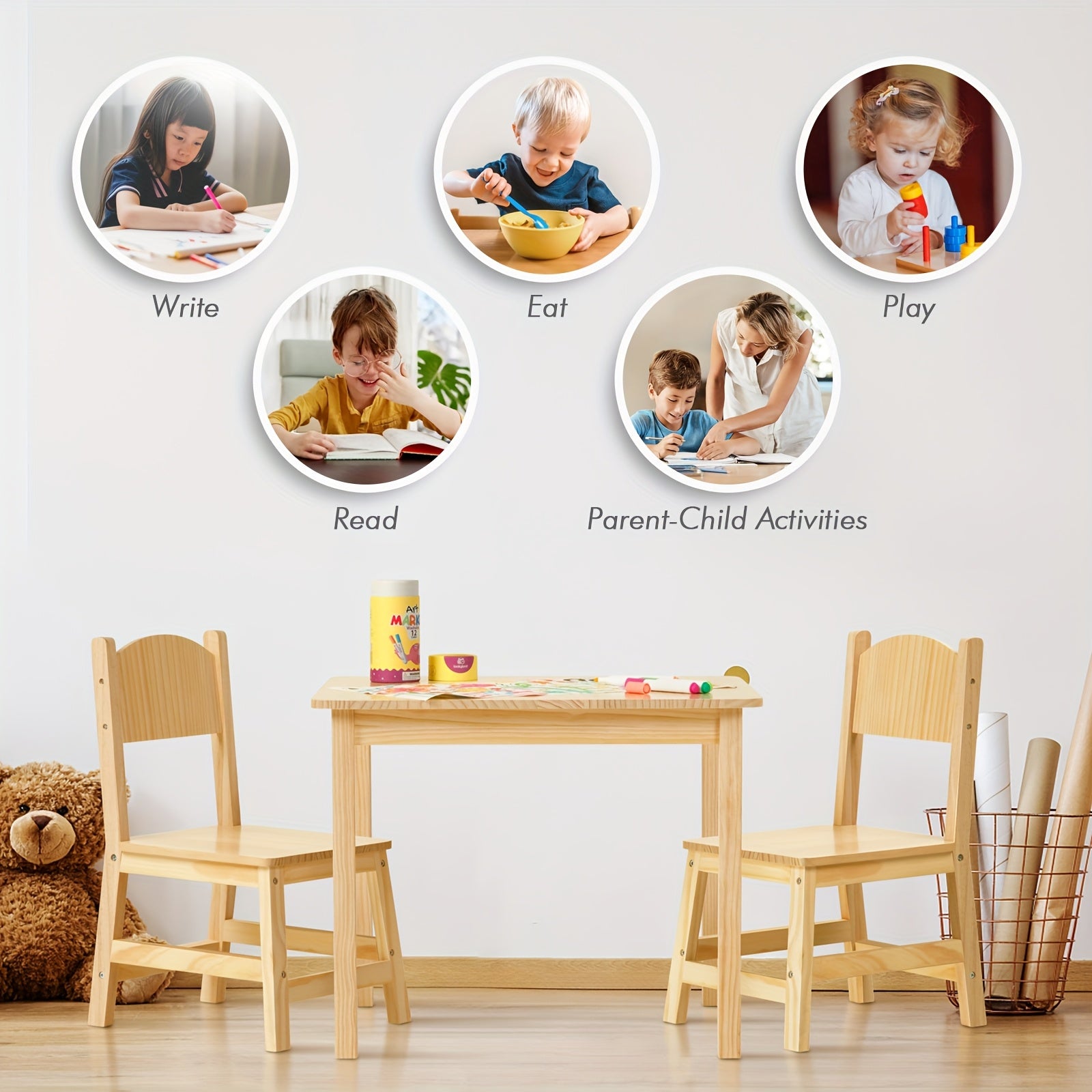 Solid Wood Toddler Table And Chair Set, Ergonomically Designed Kids Table And Chairs for Arts, Crafts, Reading, Preschool, Kindergarten, Playroom, Great Growth Present for Children