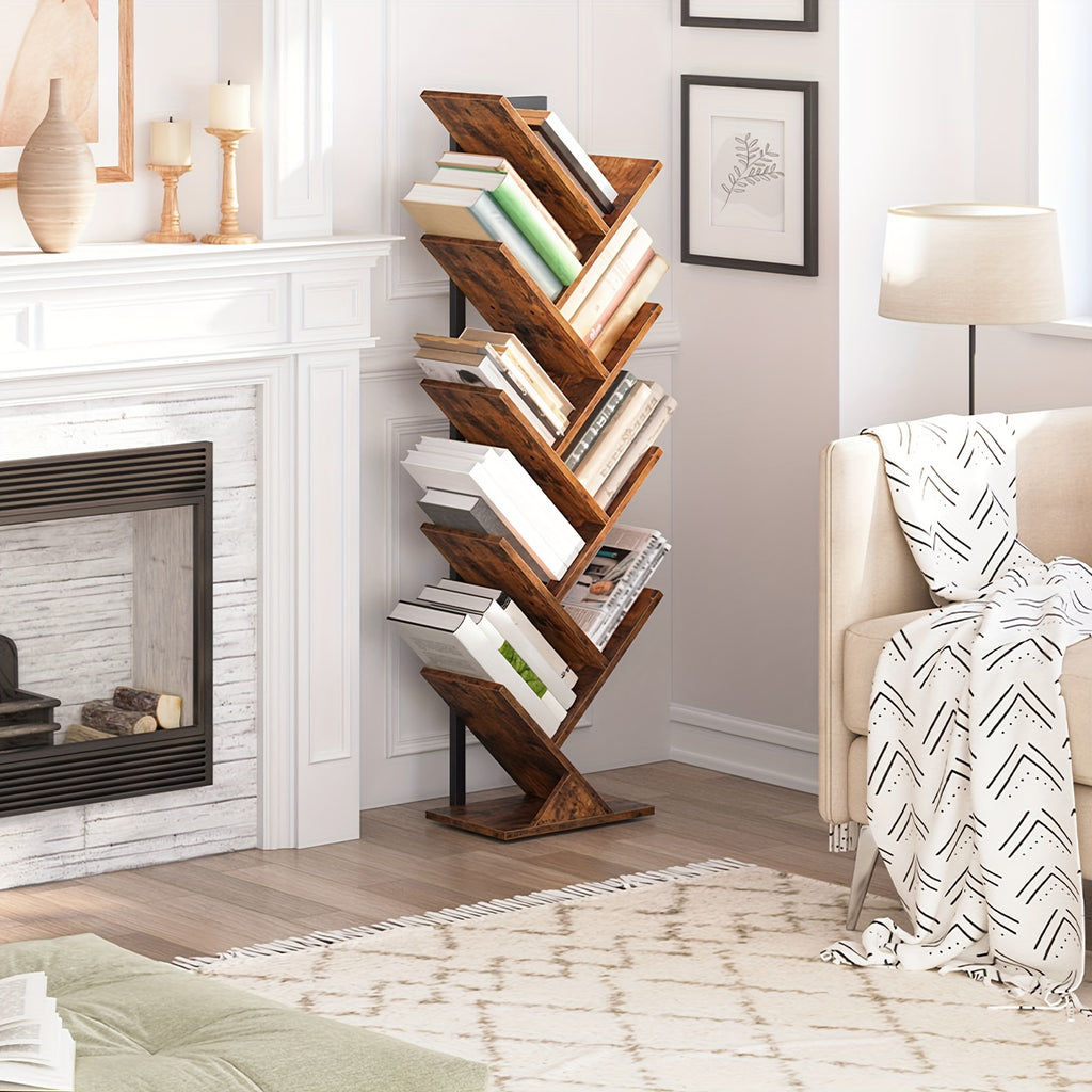 Tree Bookshelf, 9 Shelf Tree Bookcase, Space Saving Storage Rack for CDs/Movies/Books, Book Tree Organizer Shelves for Living Room, Bedroom, Office, Rustic Brown