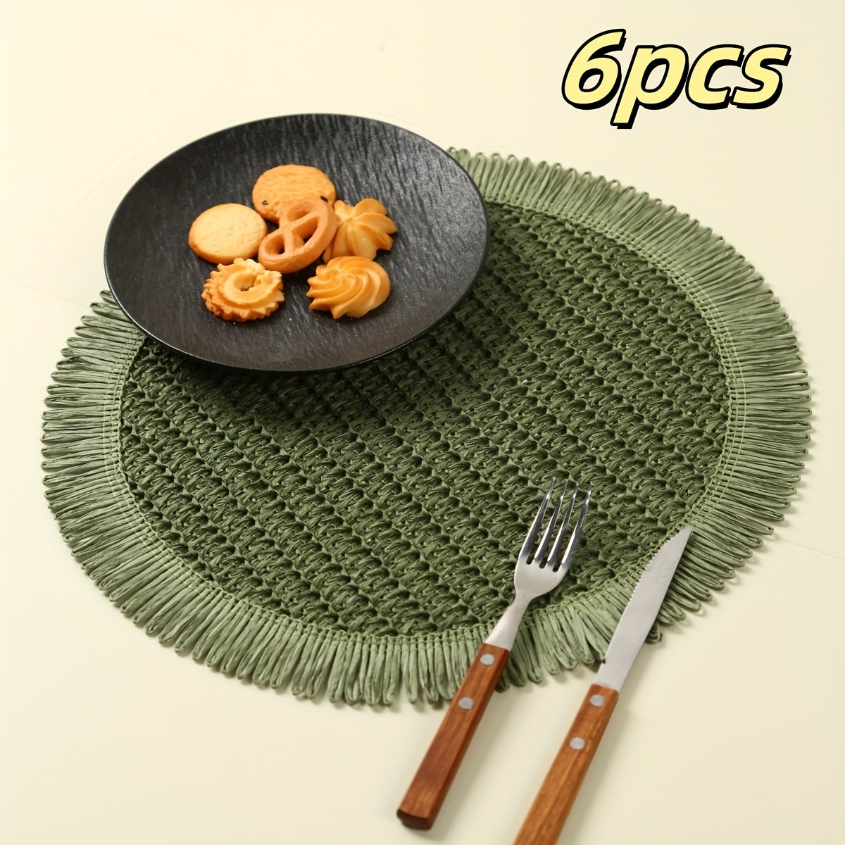 4/6pcs Bohemian Farmhouse Round Placemats with Tassels - Green Linen Grid Pattern Table Mats for Weddings, Parties, Home Decor & Tea Cup Protection, Farmhouse Table Mats, Wedding Tableware, Rustic Table Setting, Textured Tableware