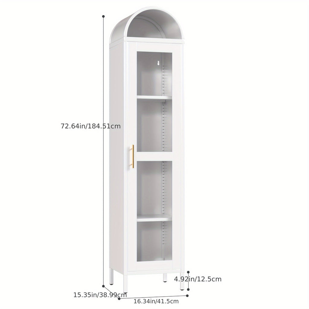 Modern Freestanding Arched Display Cabinet, Arch Bookcase With 1 Glass Door/Shelves, Kitchen Pantry For Dining Room, Home, Office, Kitchen, Assembly Required (White)