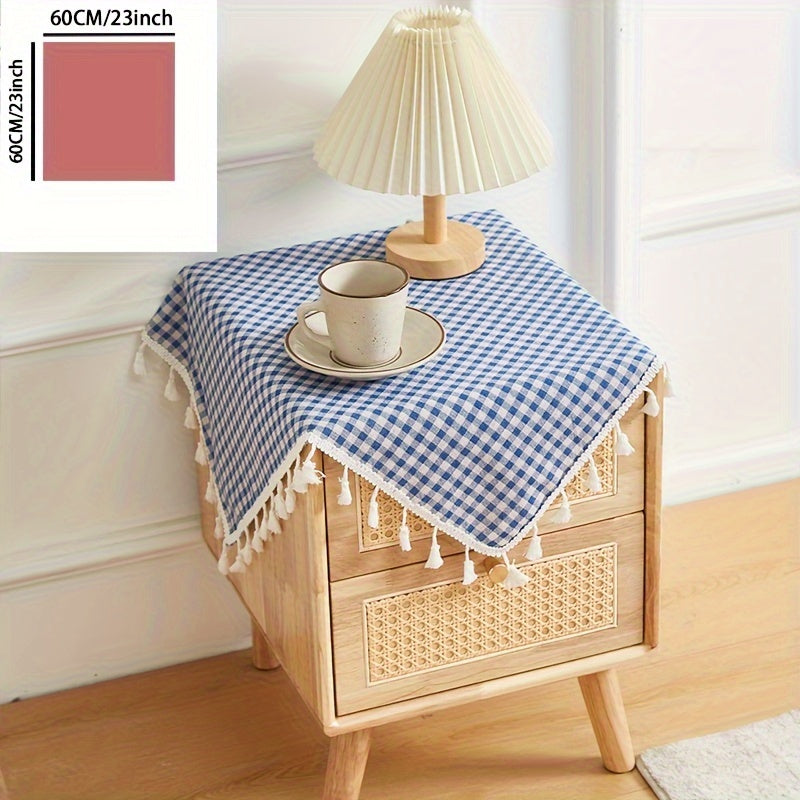 1 Piece Classic Plaid 100% Polyester Square Woven Machine-Made Tablecloth with Tassel Trim for Cabinet and Dining Table, Square Table Cover