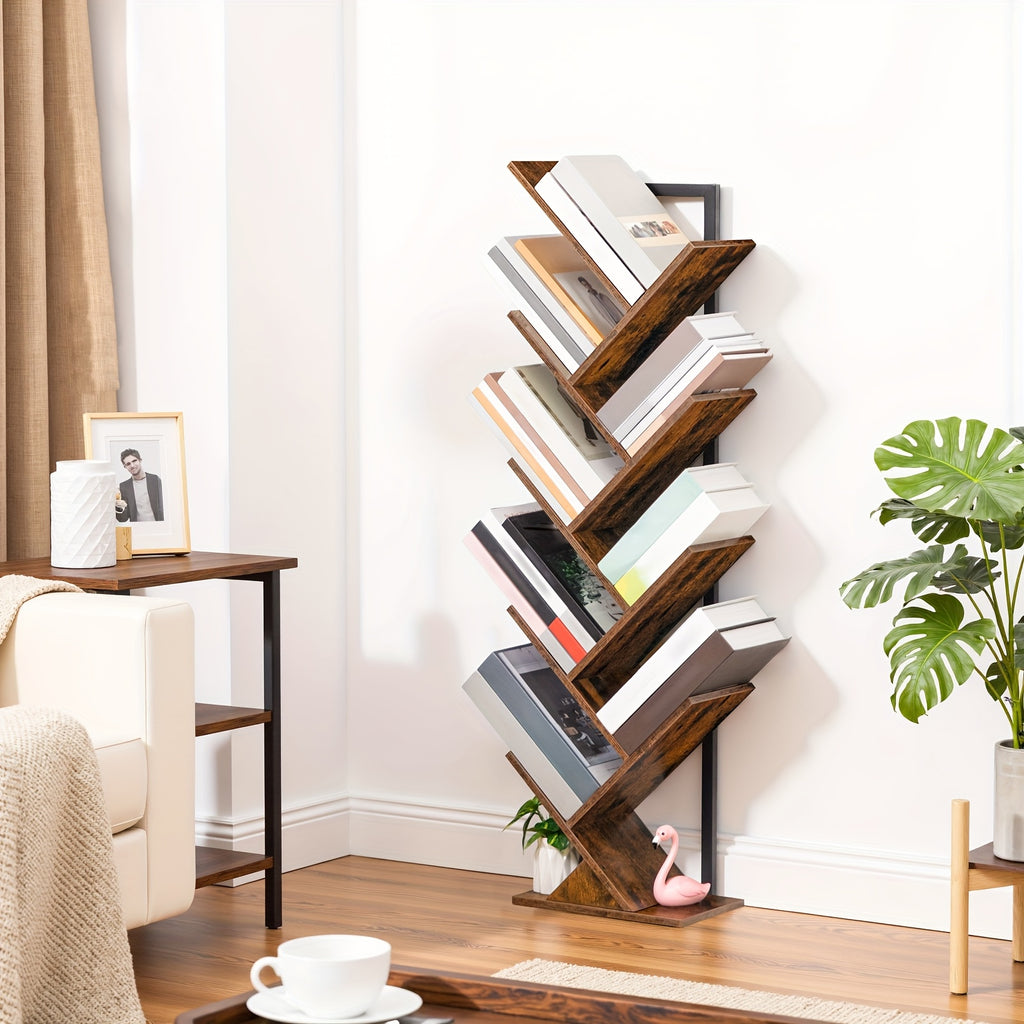 Tree Bookshelf, 9 Shelf Tree Bookcase, Space Saving Storage Rack for CDs/Movies/Books, Book Tree Organizer Shelves for Living Room, Bedroom, Office, Rustic Brown