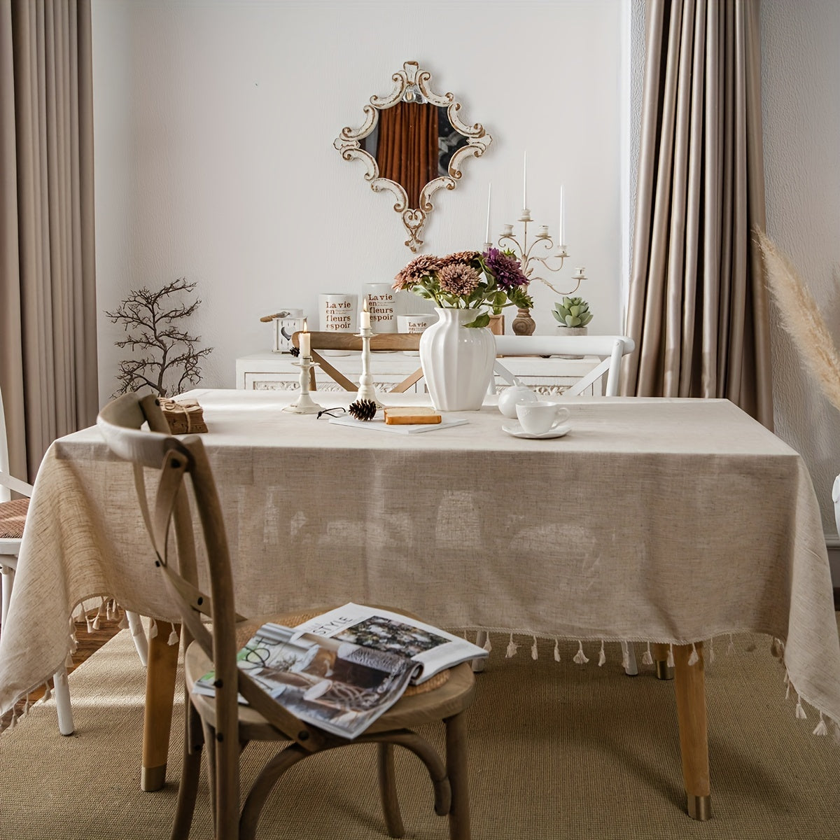 1pc Polyester Blend Tablecloth with Tassel Trim - Beige Wheat Sheaf Design, Machine-Made Rectangular Dining Table Cover for Kitchen & Home Decor, Durable Easy-Clean Fabric, Rustic Country Style, Easyclean Material