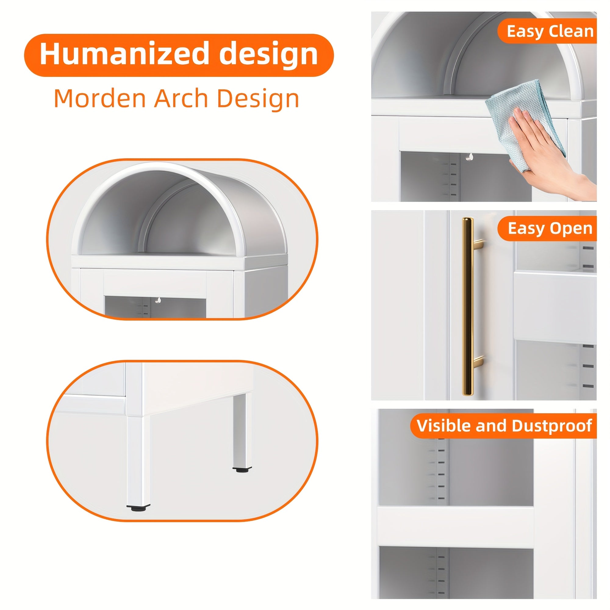 Modern Freestanding Arched Display Cabinet, Arch Bookcase With 1 Glass Door/Shelves, Kitchen Pantry For Dining Room, Home, Office, Kitchen, Assembly Required (White)