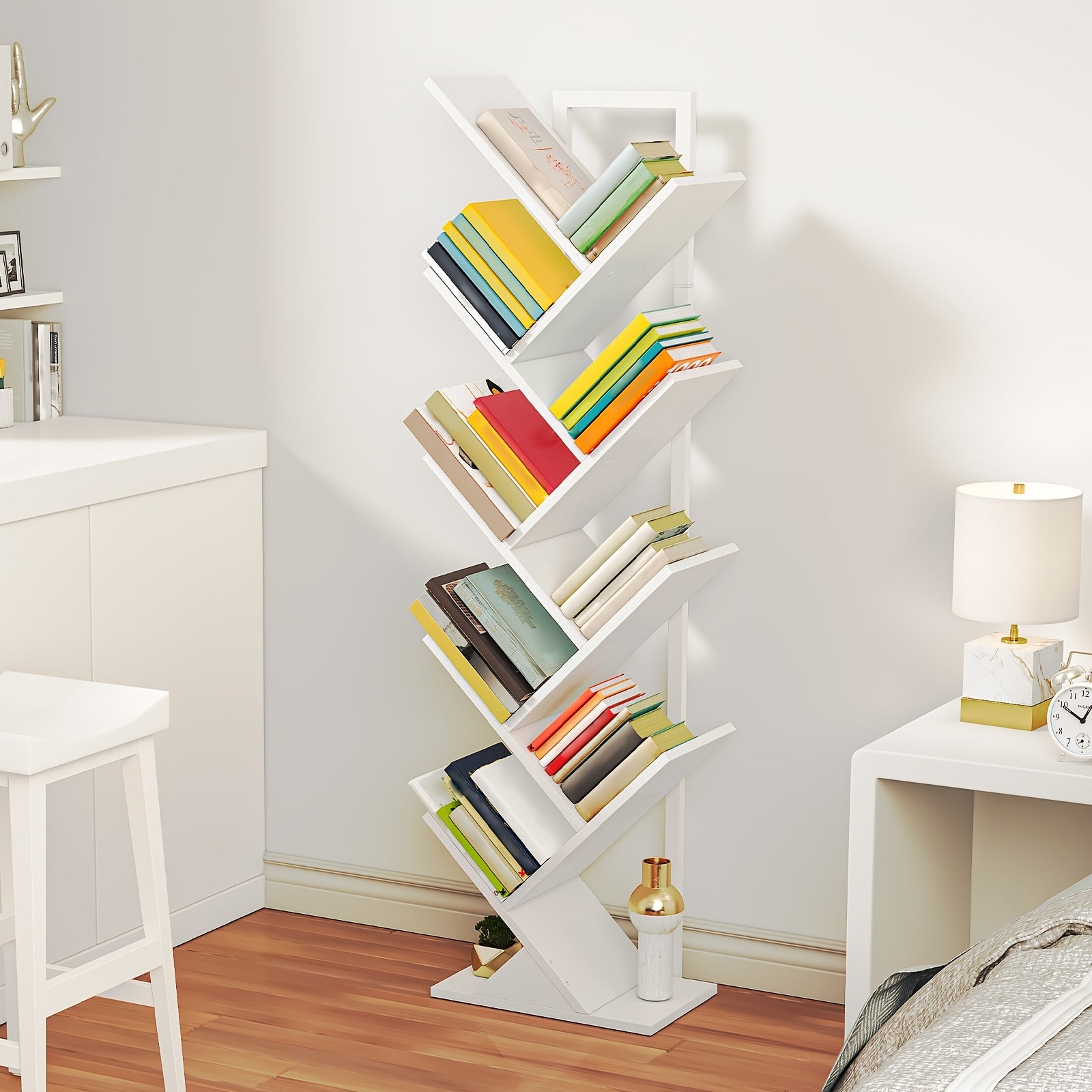 Tree Bookshelf, 9-Tier Bookcase Wooden Shelves, Floor Standing Storage Rack, For Display Of CDs, Books In Living Room, Home Office, Wood Storage Rack For Bedroom, Rustic Brown, White, Greige, Black