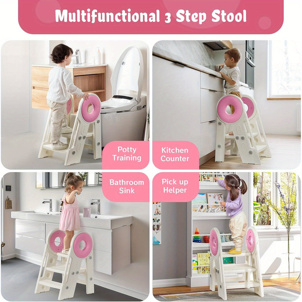 Toddler Step Stool, 2-3 Step Foldable Kids Step Stool for Bathroom Sink, Non-Slip Toddler Stool Helper, Potty Training Toilet, Kids Stool Helper, Ages 18 Months to 3 Years