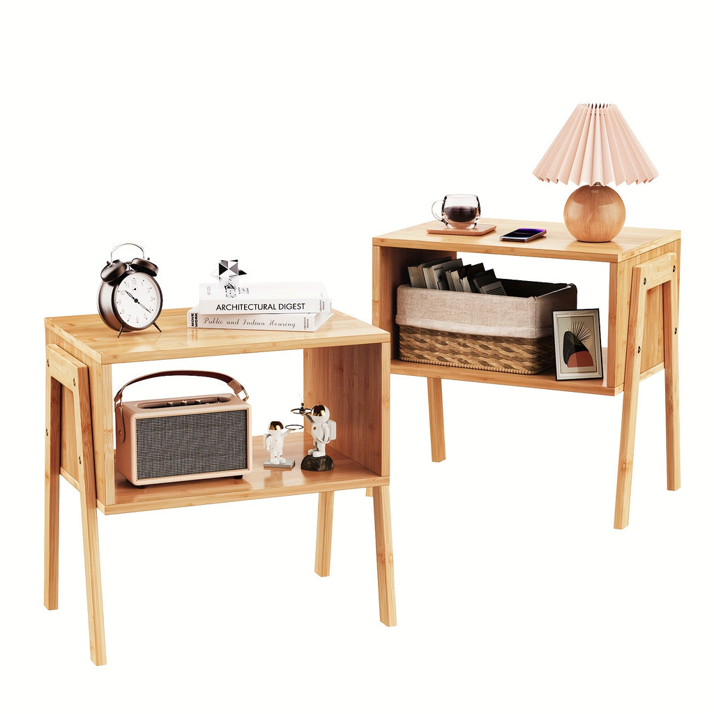 2PCS 11.4*15.7* 16.5in Bamboo Stackable End Tables, Bedside Tables for Bedroom Storage, Stackable Sofa Table, Bedside Cabinet with Storage Shelves, Storage Cabinet, Organiser Coffee Table