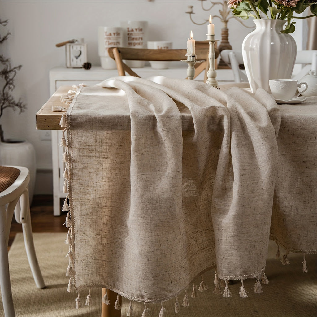 1pc Polyester Blend Tablecloth with Tassel Trim - Beige Wheat Sheaf Design, Machine-Made Rectangular Dining Table Cover for Kitchen & Home Decor, Durable Easy-Clean Fabric, Rustic Country Style, Easyclean Material