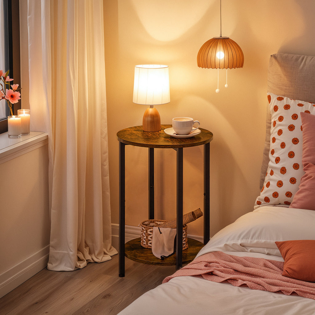 2-Tier End Table, Round Side Table, Sofa Couch Table with Storage Shelf, Stable Metal Frame, Wooden Look Accent Table for Small Spaces, Living Room, Bedroom, Rustic Brown