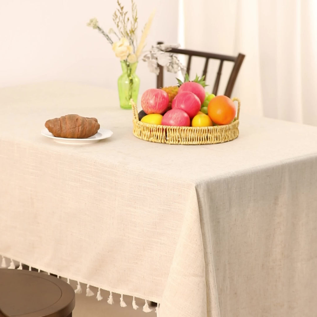 1pc Polyester Blend Tablecloth with Tassel Trim - Beige Wheat Sheaf Design, Machine-Made Rectangular Dining Table Cover for Kitchen & Home Decor, Durable Easy-Clean Fabric, Rustic Country Style, Easyclean Material