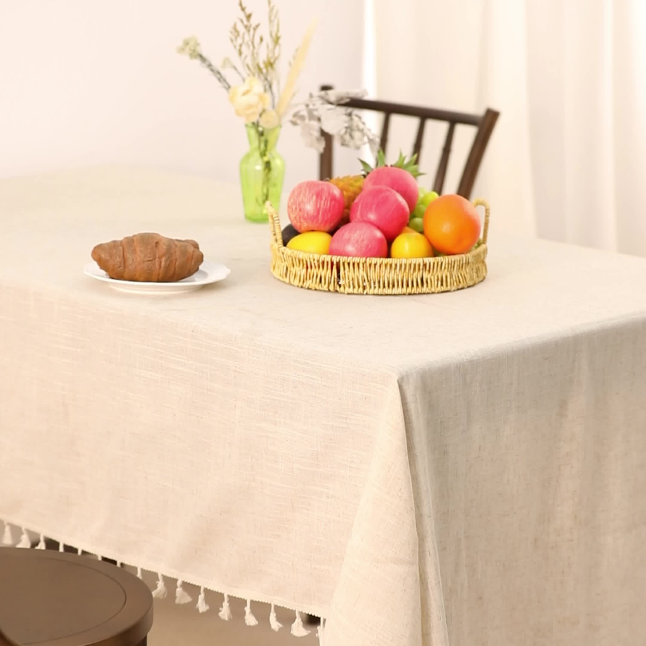 1pc Polyester Blend Tablecloth with Tassel Trim - Beige Wheat Sheaf Design, Machine-Made Rectangular Dining Table Cover for Kitchen & Home Decor, Durable Easy-Clean Fabric, Rustic Country Style, Easyclean Material