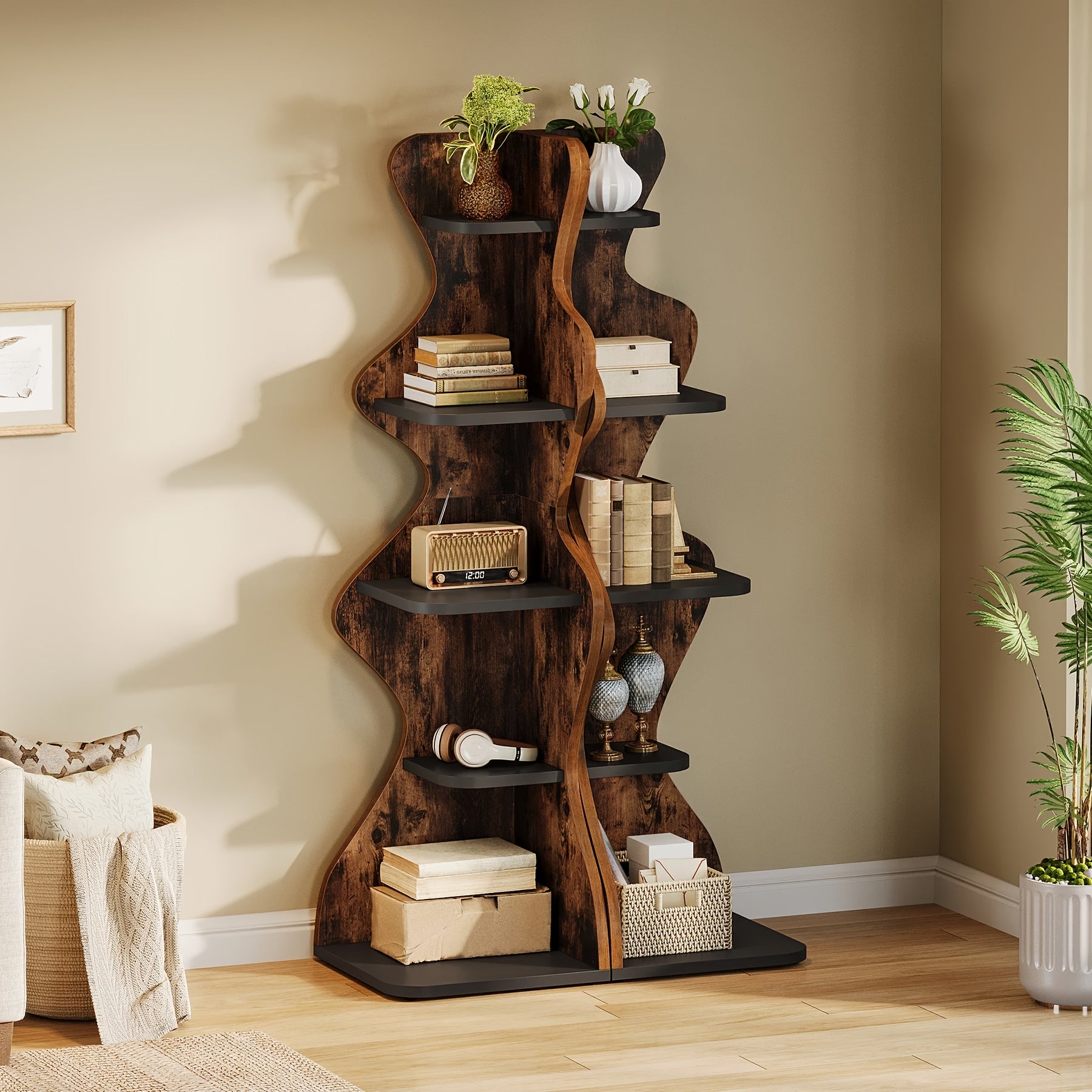 69" Wood Bookshelf, 5-Tier Corner Shelf Storage Plant Stand
