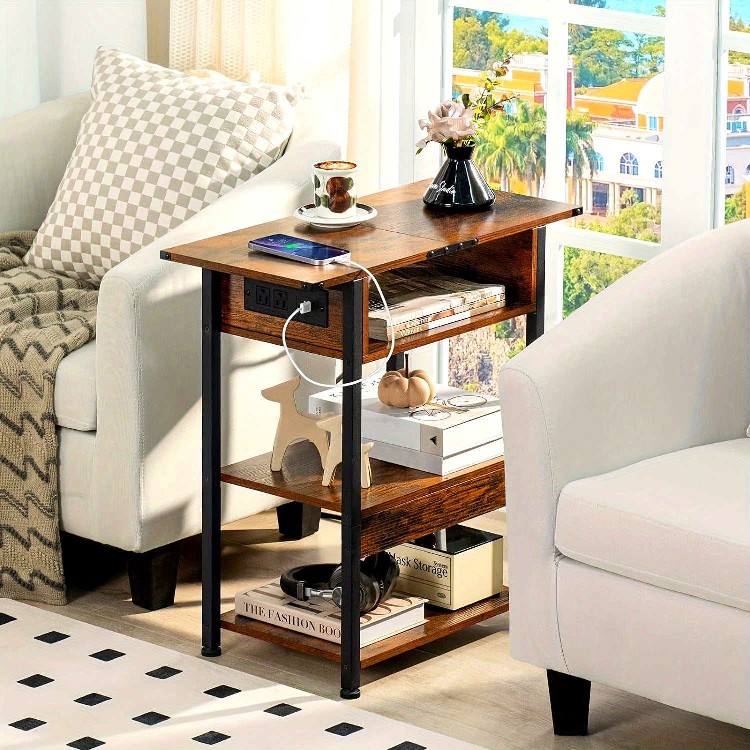 Side Tables With Charging Station, Narrow End Table With USB Ports And Outlets, Brown Skinny Nightstand With Open Storage Shelf For Small Space, Slim Sofa Bedside Table For Living Room Bedroom