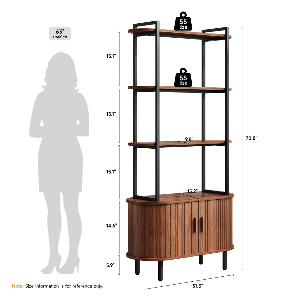 4-Tier Open Bookshelf 71 Inch High Floor Standing Display Bookcase Storage Rack With Storage Cabinets Living Room, Bedroom, Home Office Display Shelf Walnut