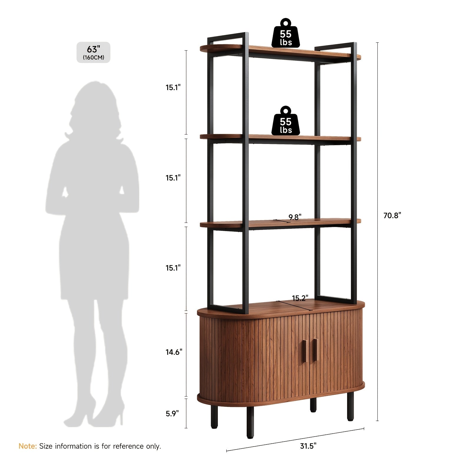 4-Tier Open Bookshelf 71 Inch High Floor Standing Display Bookcase Storage Rack With Storage Cabinets Living Room, Bedroom, Home Office Display Shelf Walnut
