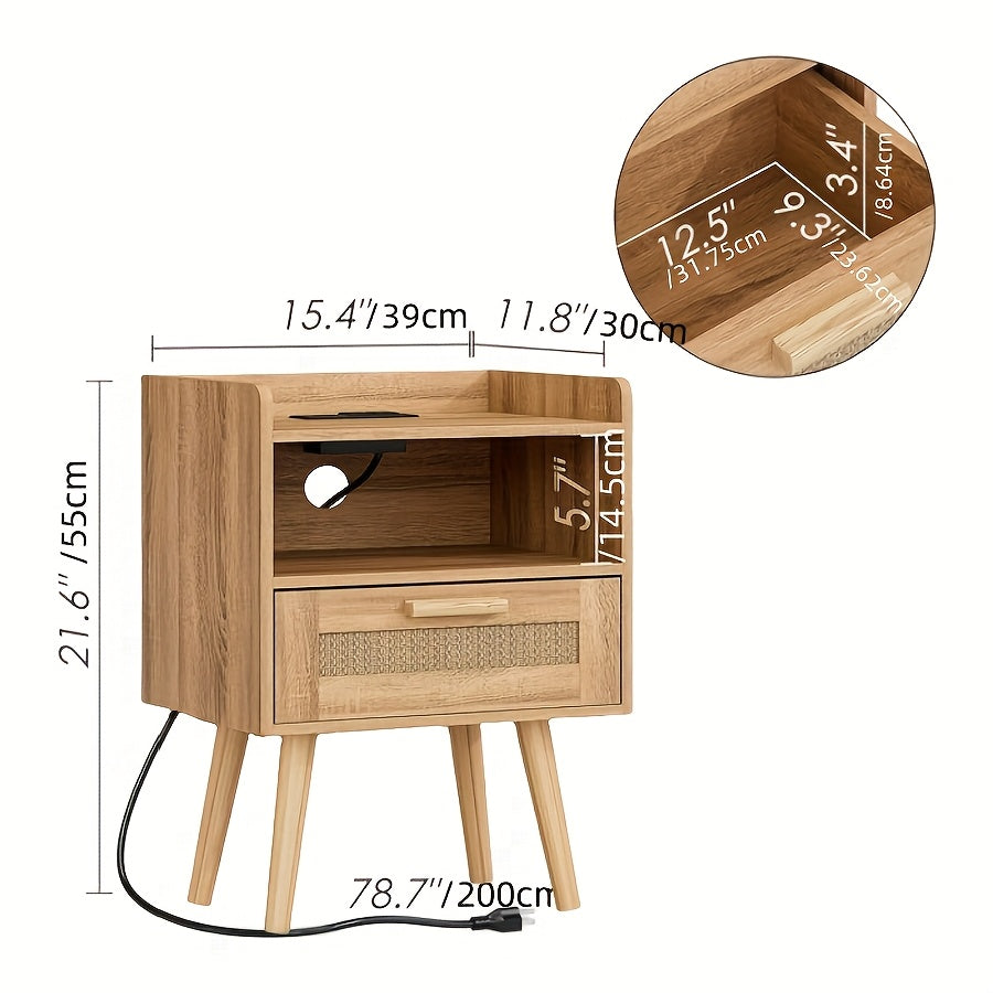 Bohemian Rattan Side Table with Drawer – Natural Wood Finish, Versatile Bedroom & Living Room Nightstand, Perfect for Organizing Essentials, Bedroom Storage | Decorative Drawer | Open Shelf Storage, Bedroom Decor