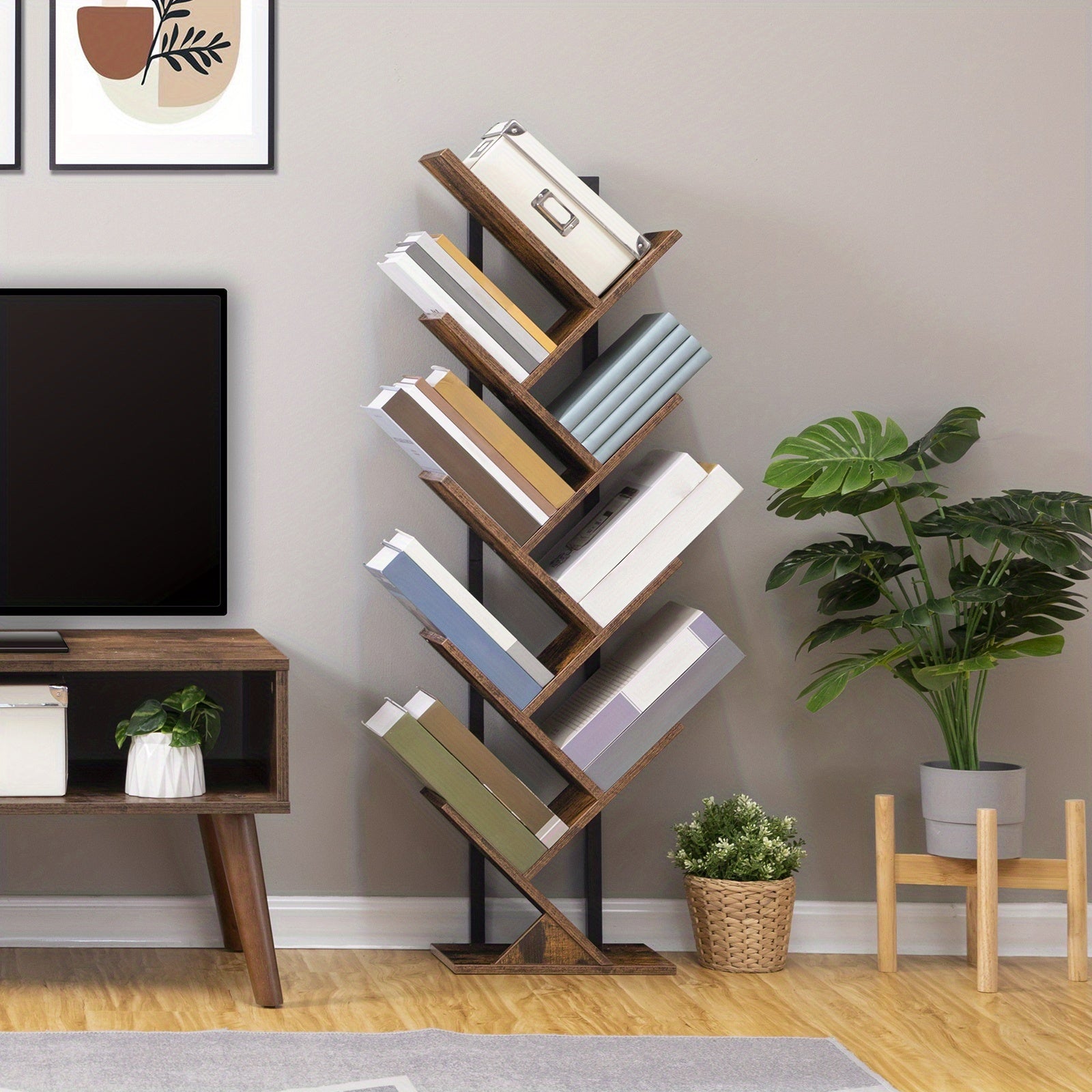 Tree Bookshelf, 9 Shelf Tree Bookcase, Space Saving Storage Rack for CDs/Movies/Books, Book Tree Organizer Shelves for Living Room, Bedroom, Office, Rustic Brown