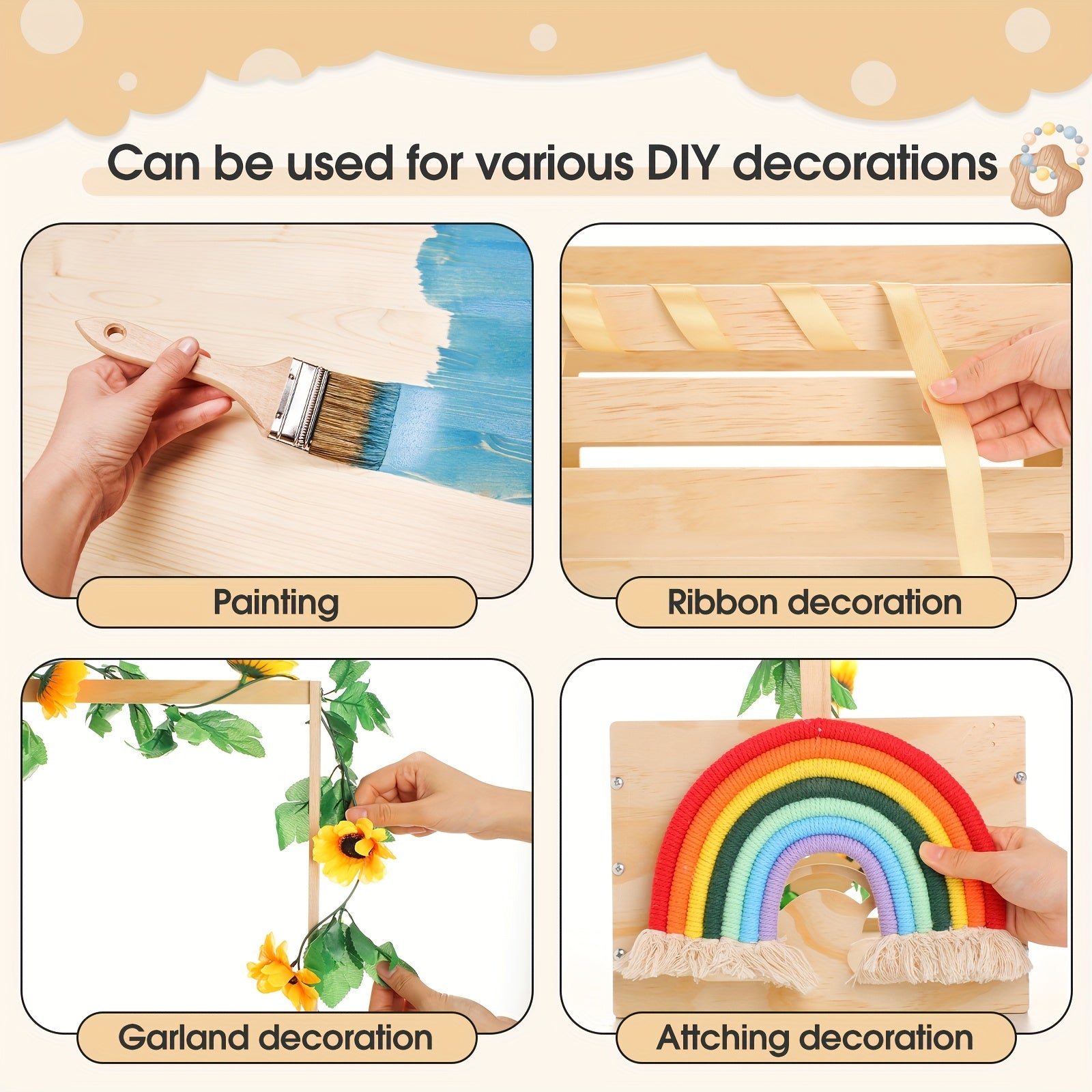 Wooden Baby Shower Crate Closet Baby Shower Gifts Basket Storage Crate Hamper With Handle Basket For Newborn Boys Girls Pregnancy Gifts (Wood Color, Cloudy, Rainbow), Shelf Baskets