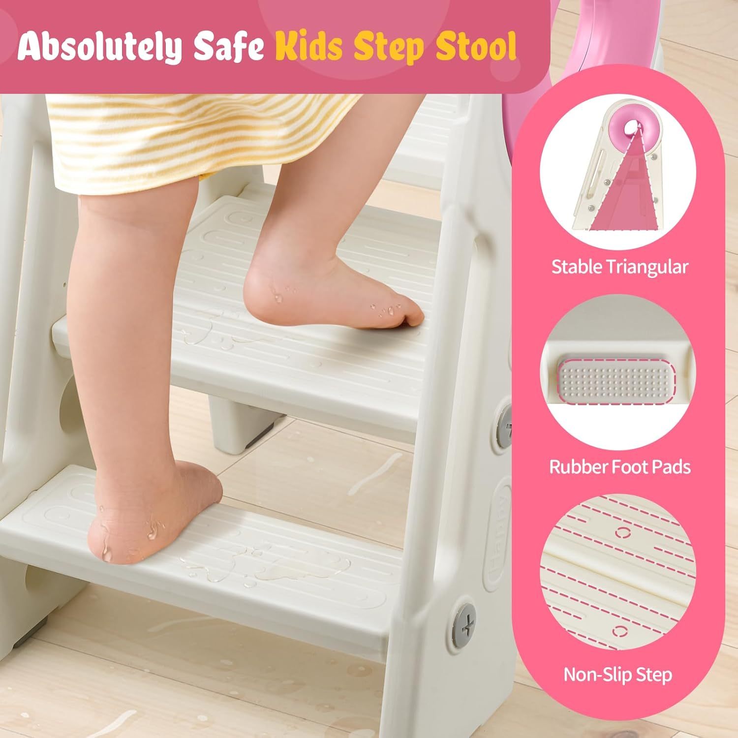 Toddler Step Stool, 2-3 Step Foldable Kids Step Stool for Bathroom Sink, Non-Slip Toddler Stool Helper, Potty Training Toilet, Kids Stool Helper, Ages 18 Months to 3 Years
