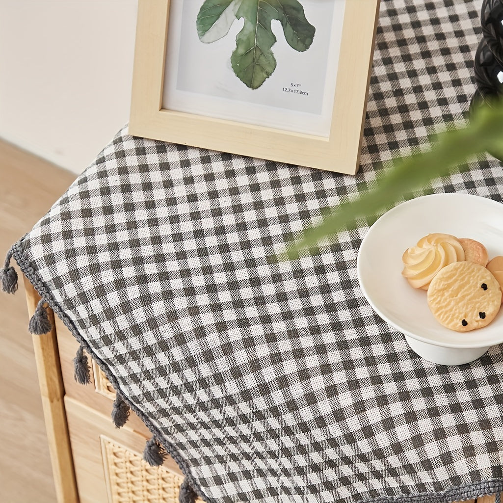 1 Piece Classic Plaid 100% Polyester Square Woven Machine-Made Tablecloth with Tassel Trim for Cabinet and Dining Table, Square Table Cover