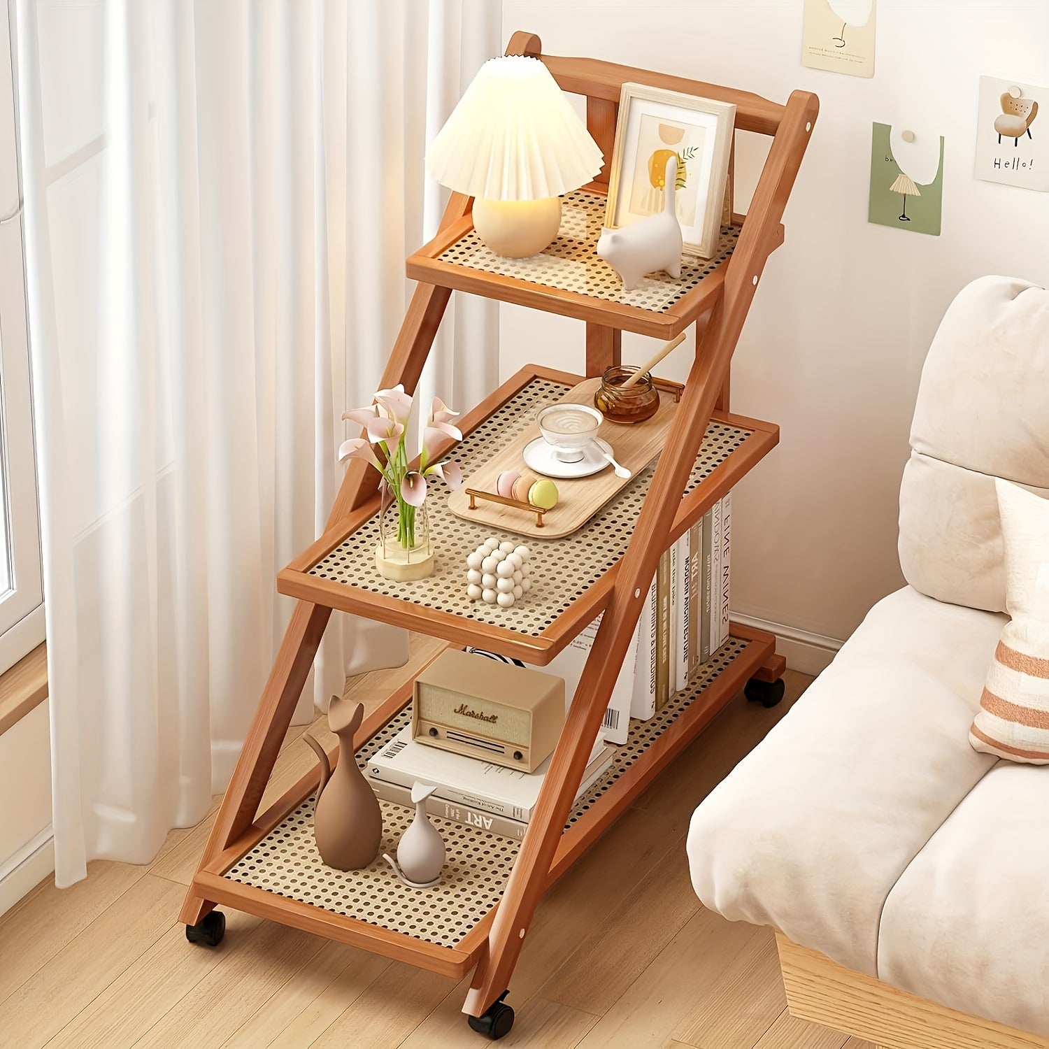 3-Tier Mobile Bamboo End Table with Rolling Casters and Sliding Shelf - Multipurpose Floor Mount Storage Solution for Small Spaces in Oil Rubbed Finish -  Brand