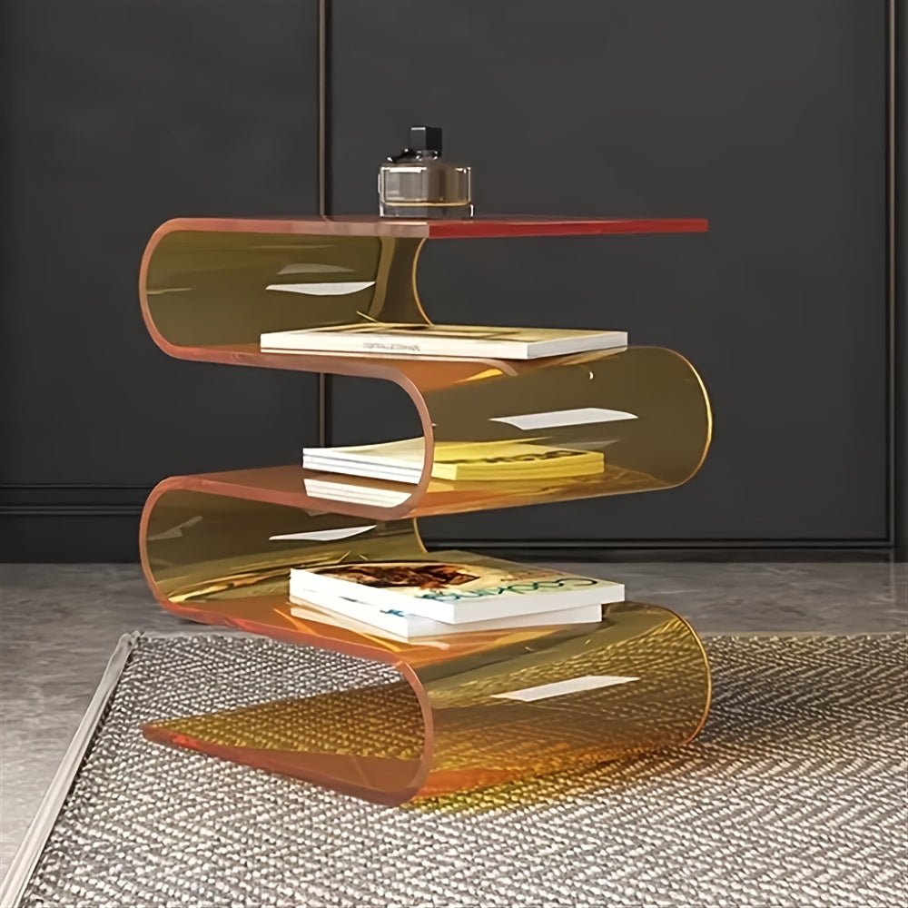 Contemporary Minimalist Acrylic 2-Tier Transparent Side Table & Bookshelf - Portable Freestanding Floor Storage Rack, No Assembly Required, Compact Modern Furniture for Living Room, Bedroom, Office