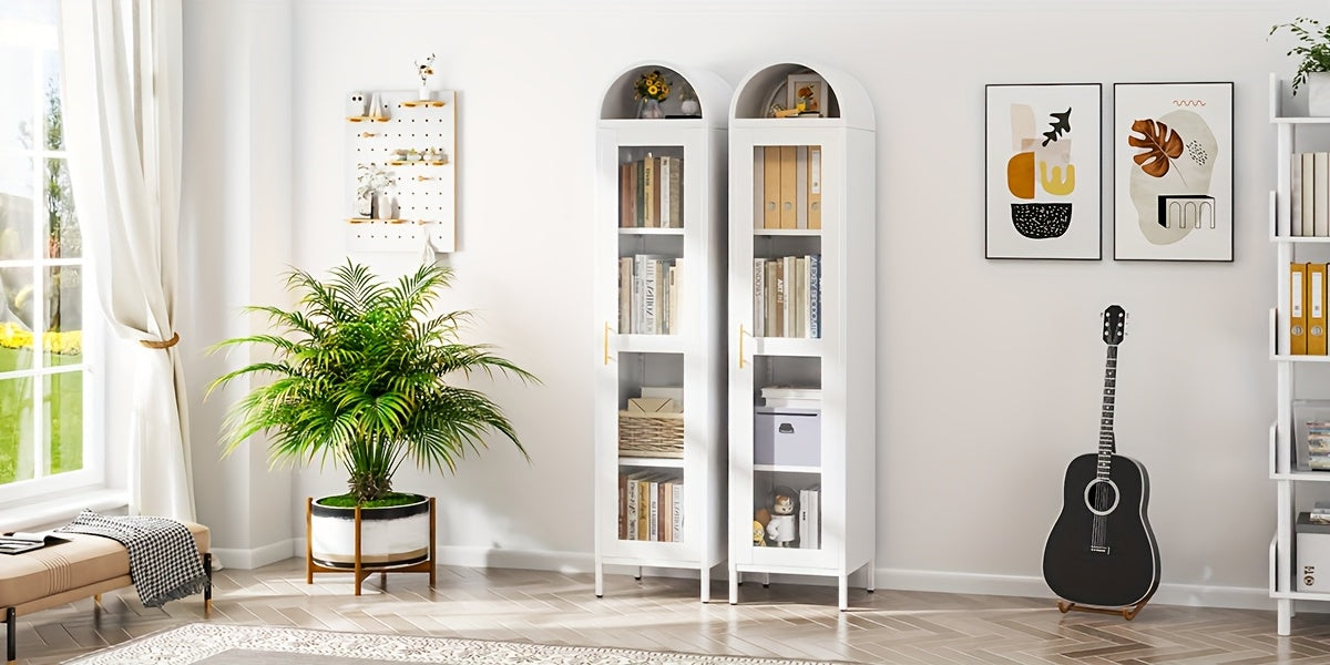 Modern Freestanding Arched Display Cabinet, Arch Bookcase With 1 Glass Door/Shelves, Kitchen Pantry For Dining Room, Home, Office, Kitchen, Assembly Required (White)