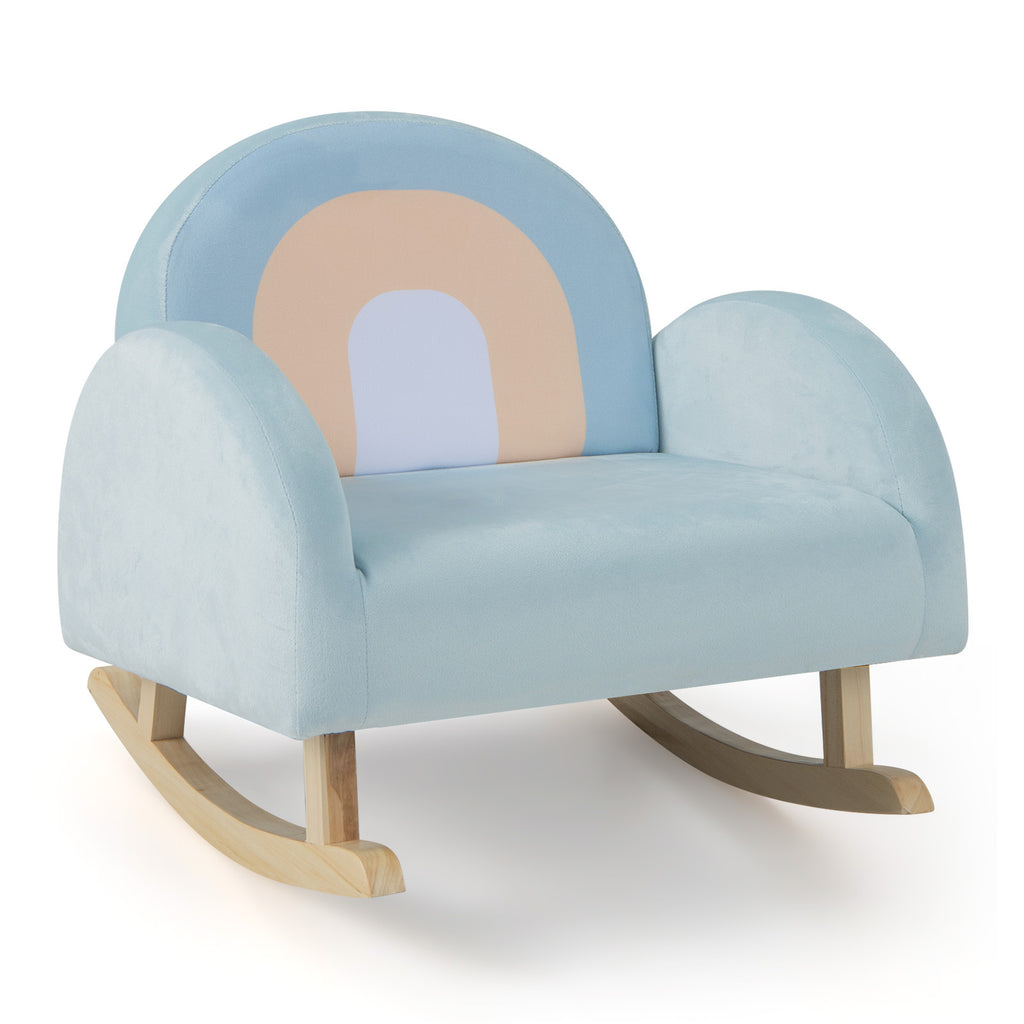 Toddler Rocking Chair, Children'S Upholstered Rocker with Solid Rubber Wood Frame & Soft Velvet Cover, Anti-tipping Design, Kids Armchair for Nursery, Playroom, Bedroom, Kindergarten, Blue