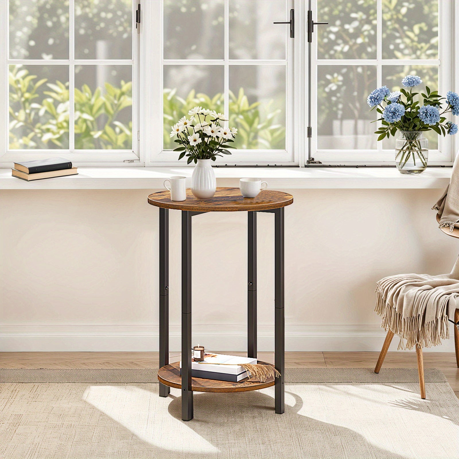 2-Tier End Table, Round Side Table, Sofa Couch Table with Storage Shelf, Stable Metal Frame, Wooden Look Accent Table for Small Spaces, Living Room, Bedroom, Rustic Brown