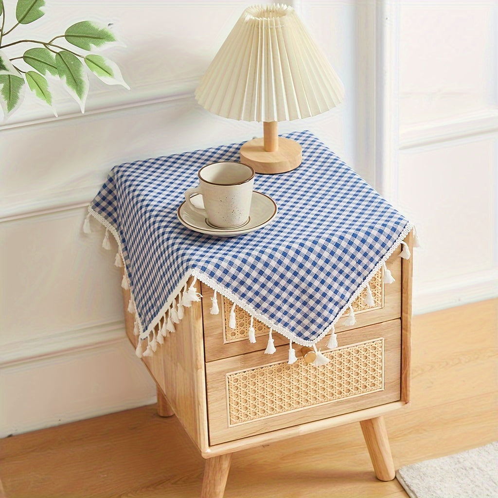1 Piece Classic Plaid 100% Polyester Square Woven Machine-Made Tablecloth with Tassel Trim for Cabinet and Dining Table, Square Table Cover