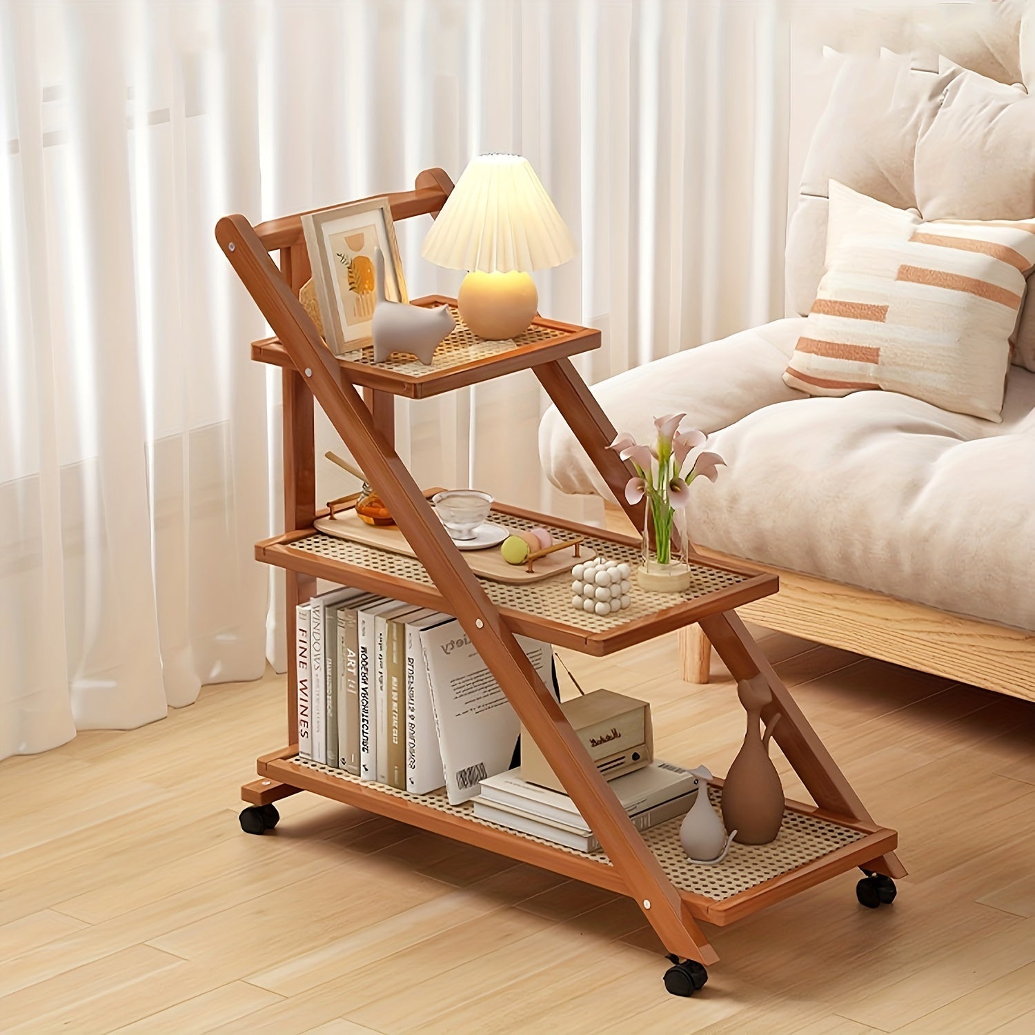 3-Tier Mobile Bamboo End Table with Rolling Casters and Sliding Shelf - Multipurpose Floor Mount Storage Solution for Small Spaces in Oil Rubbed Finish -  Brand