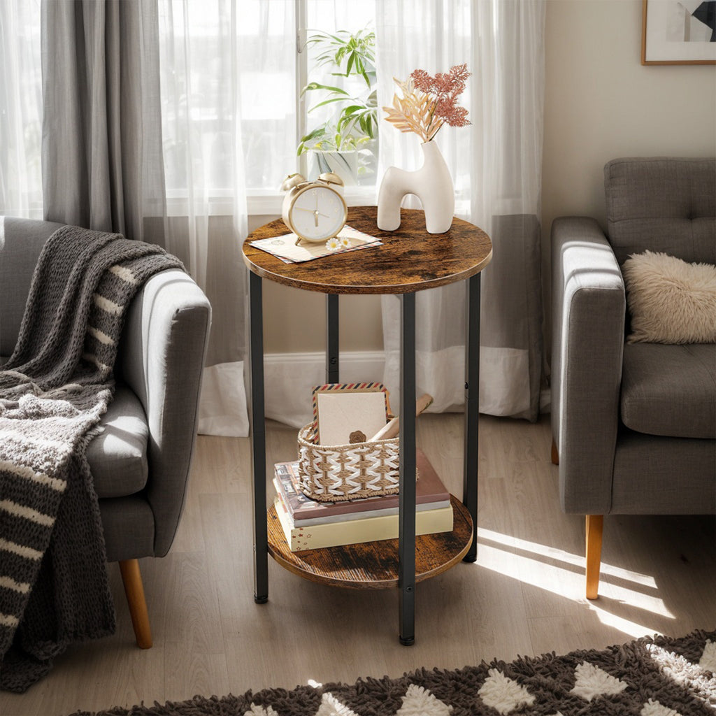 2-Tier End Table, Round Side Table, Sofa Couch Table with Storage Shelf, Stable Metal Frame, Wooden Look Accent Table for Small Spaces, Living Room, Bedroom, Rustic Brown