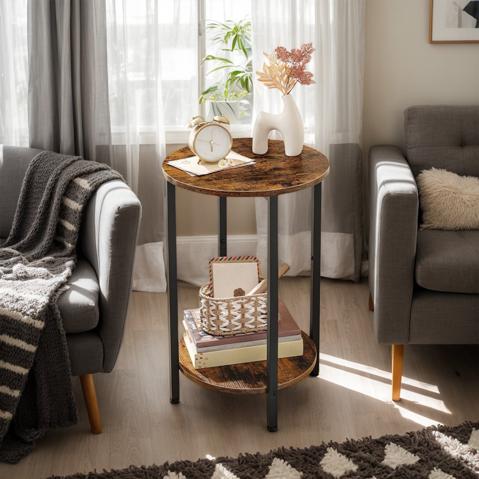 2-Tier End Table, Round Side Table, Sofa Couch Table with Storage Shelf, Stable Metal Frame, Wooden Look Accent Table for Small Spaces, Living Room, Bedroom, Rustic Brown